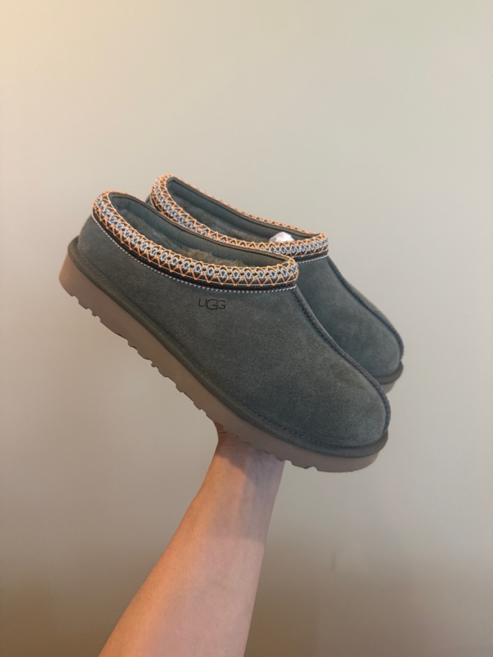 UGG Slate Green Suede Slip-On Clog with Woven Trim
